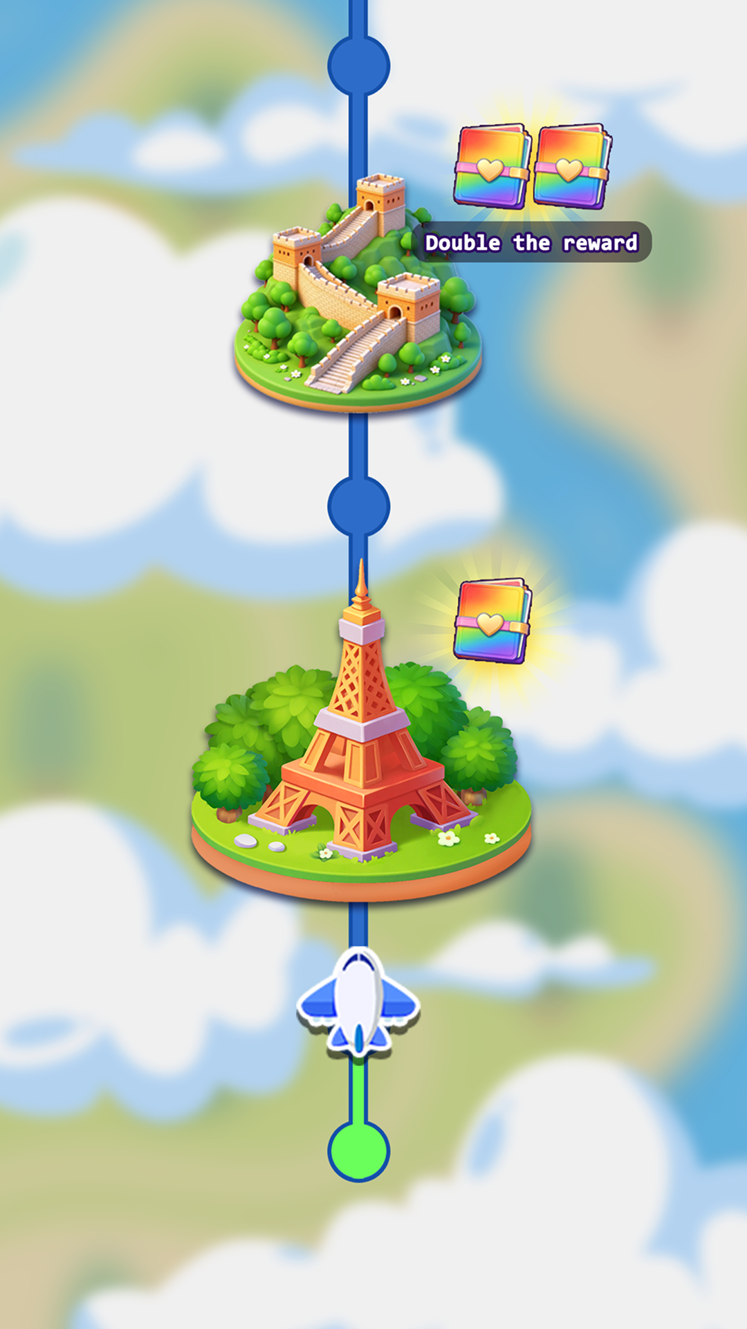 World Wonders Match travel map featuring the Eiffel Tower and other destinations