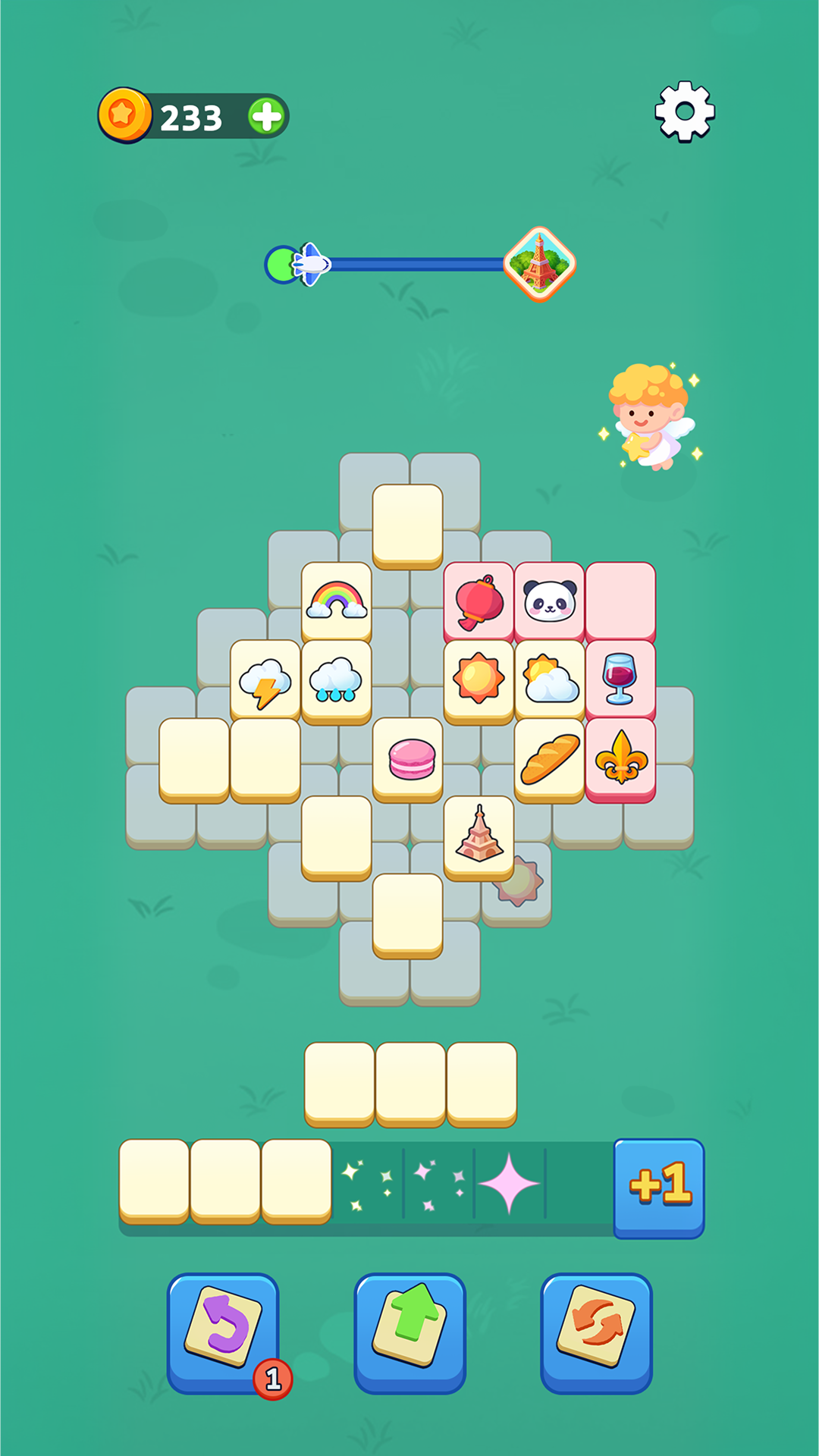 A colorful tile matching puzzle with travel-themed pieces
