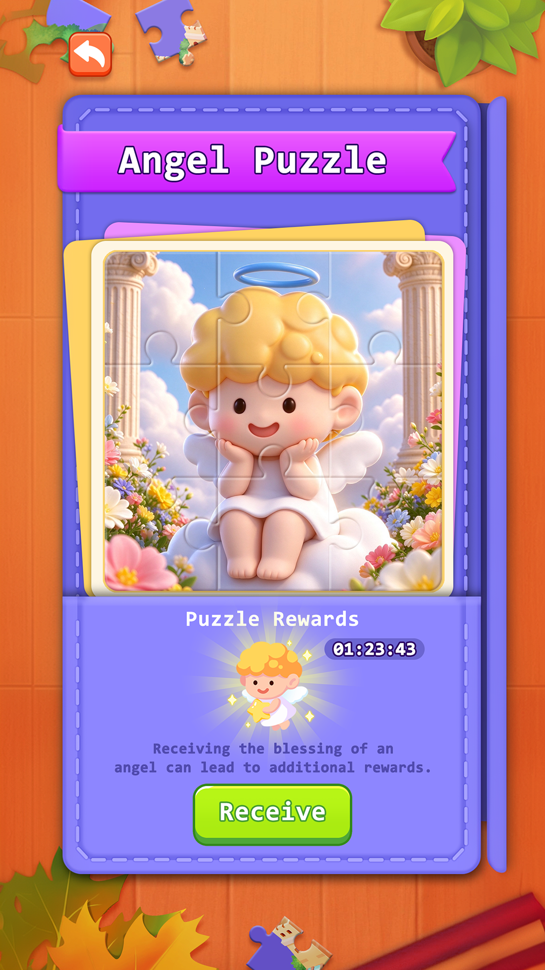 A cheerful angel puzzle reward scene