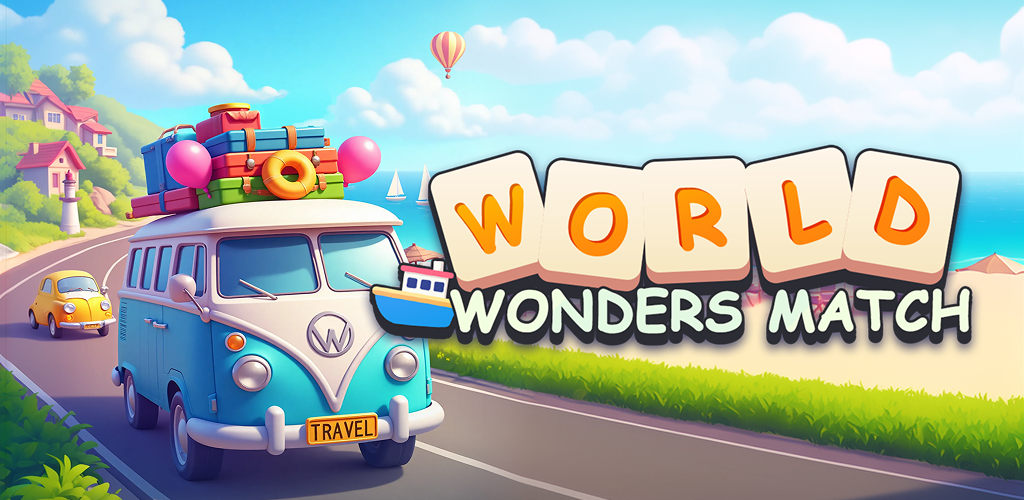World Wonders Match cover art: a colorful camper van traveling along a sunny seaside road